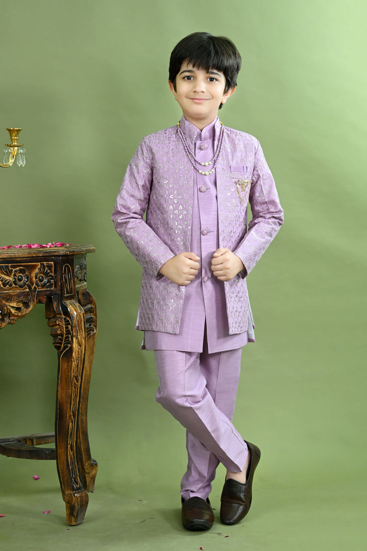 Boys Cotton Silk Ethnic Motifs Sequined Embroidered Sherwani with Pant & Necklace Set - Lilac | SHOBITAM