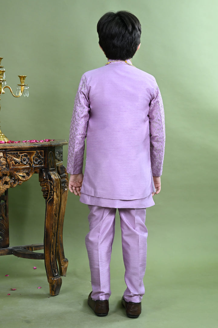 Boys Cotton Silk Ethnic Motifs Sequined Embroidered Sherwani with Pant & Necklace Set - Lilac | SHOBITAM