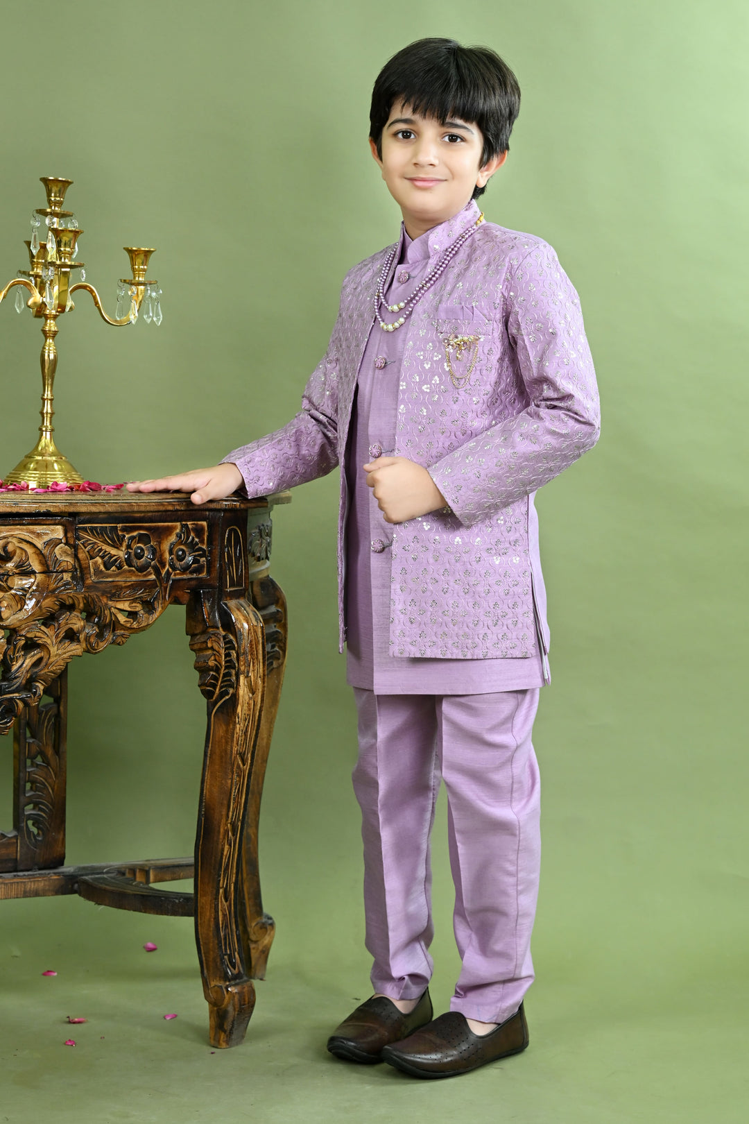 Boys Cotton Silk Ethnic Motifs Sequined Embroidered Sherwani with Pant & Necklace Set - Lilac | SHOBITAM
