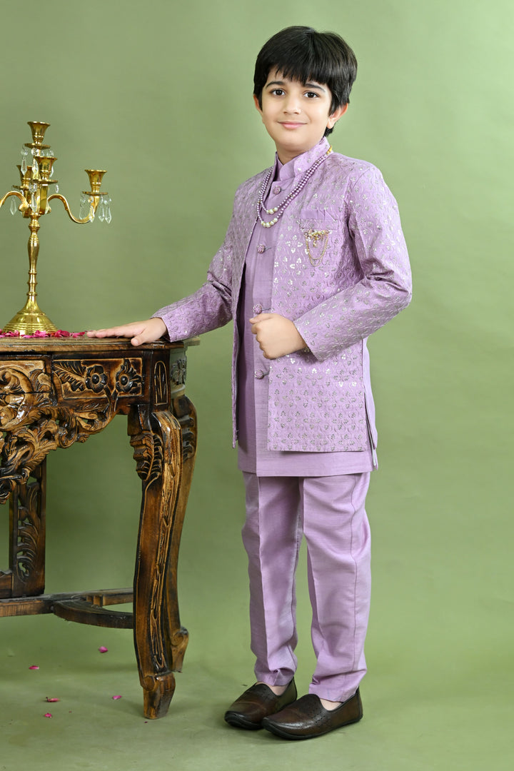 Boys Cotton Silk Ethnic Motifs Sequined Embroidered Sherwani with Pant & Necklace Set - Lilac | SHOBITAM