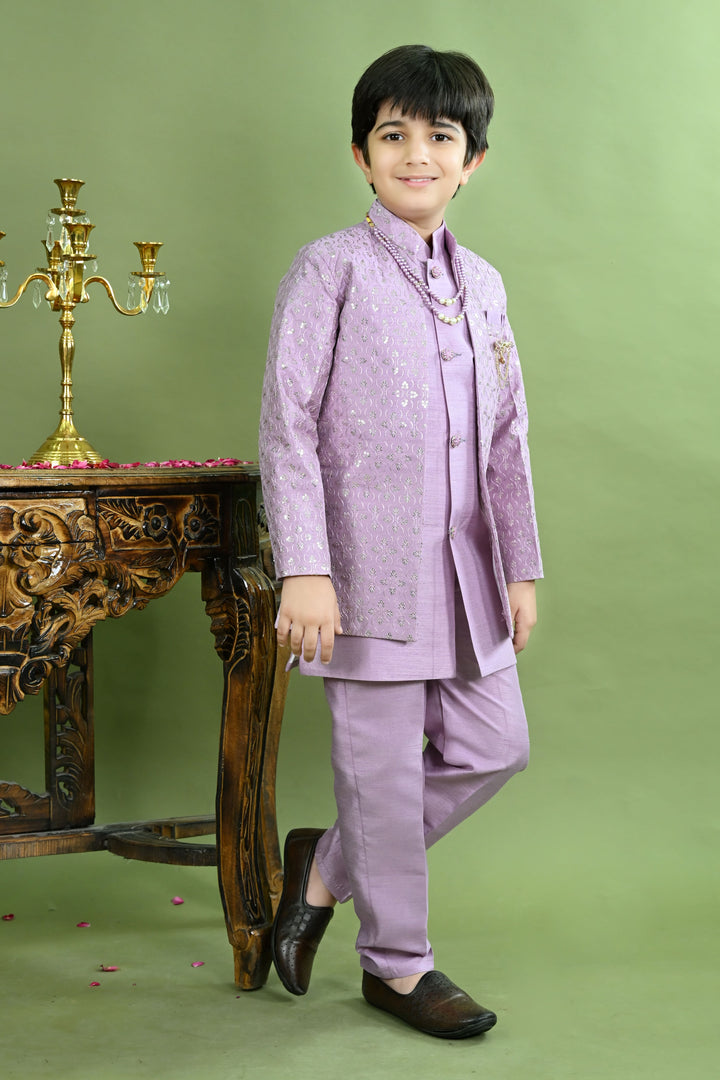 Boys Cotton Silk Ethnic Motifs Sequined Embroidered Sherwani with Pant & Necklace Set - Lilac | SHOBITAM