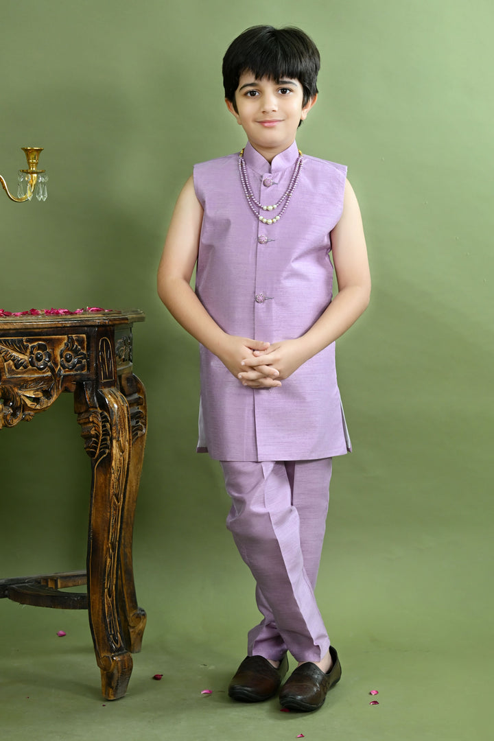 Boys Cotton Silk Ethnic Motifs Sequined Embroidered Sherwani with Pant & Necklace Set - Lilac | SHOBITAM