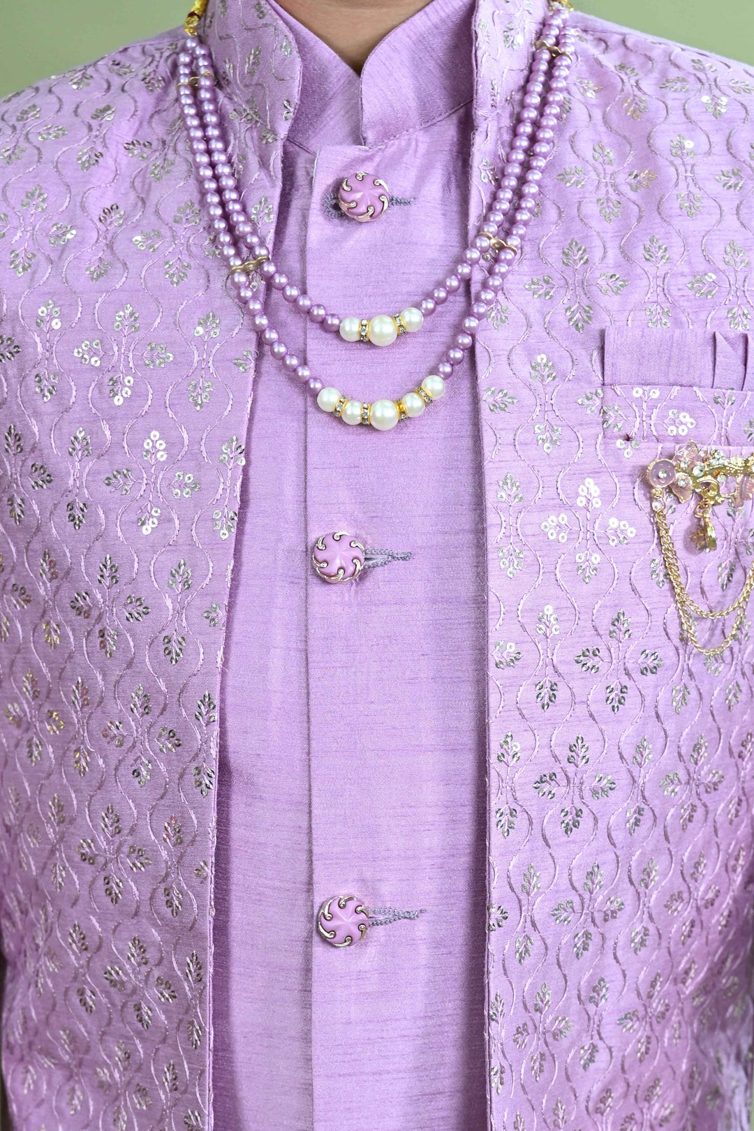 Boys Cotton Silk Ethnic Motifs Sequined Embroidered Sherwani with Pant & Necklace Set - Lilac | SHOBITAM
