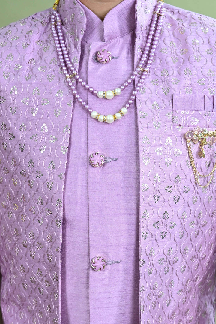 Boys Cotton Silk Ethnic Motifs Sequined Embroidered Sherwani with Pant & Necklace Set - Lilac | SHOBITAM