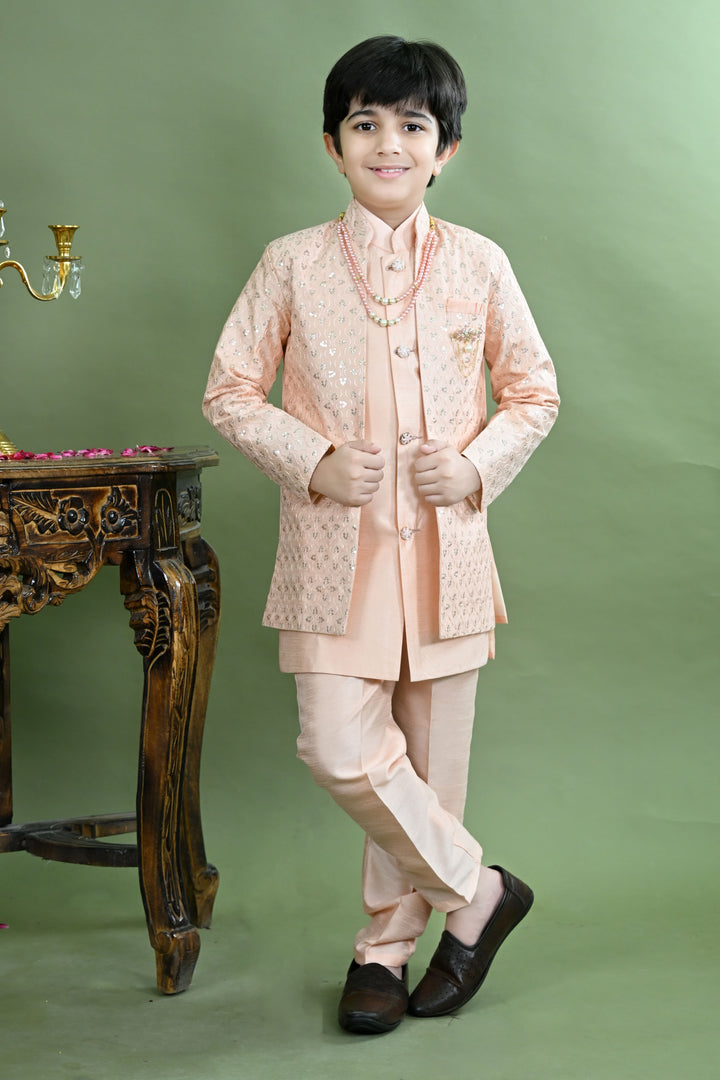 Boys Cotton Silk Ethnic Motifs Sequined Embroidered Sherwani with Pant & Necklace Set - Peach | SHOBITAM