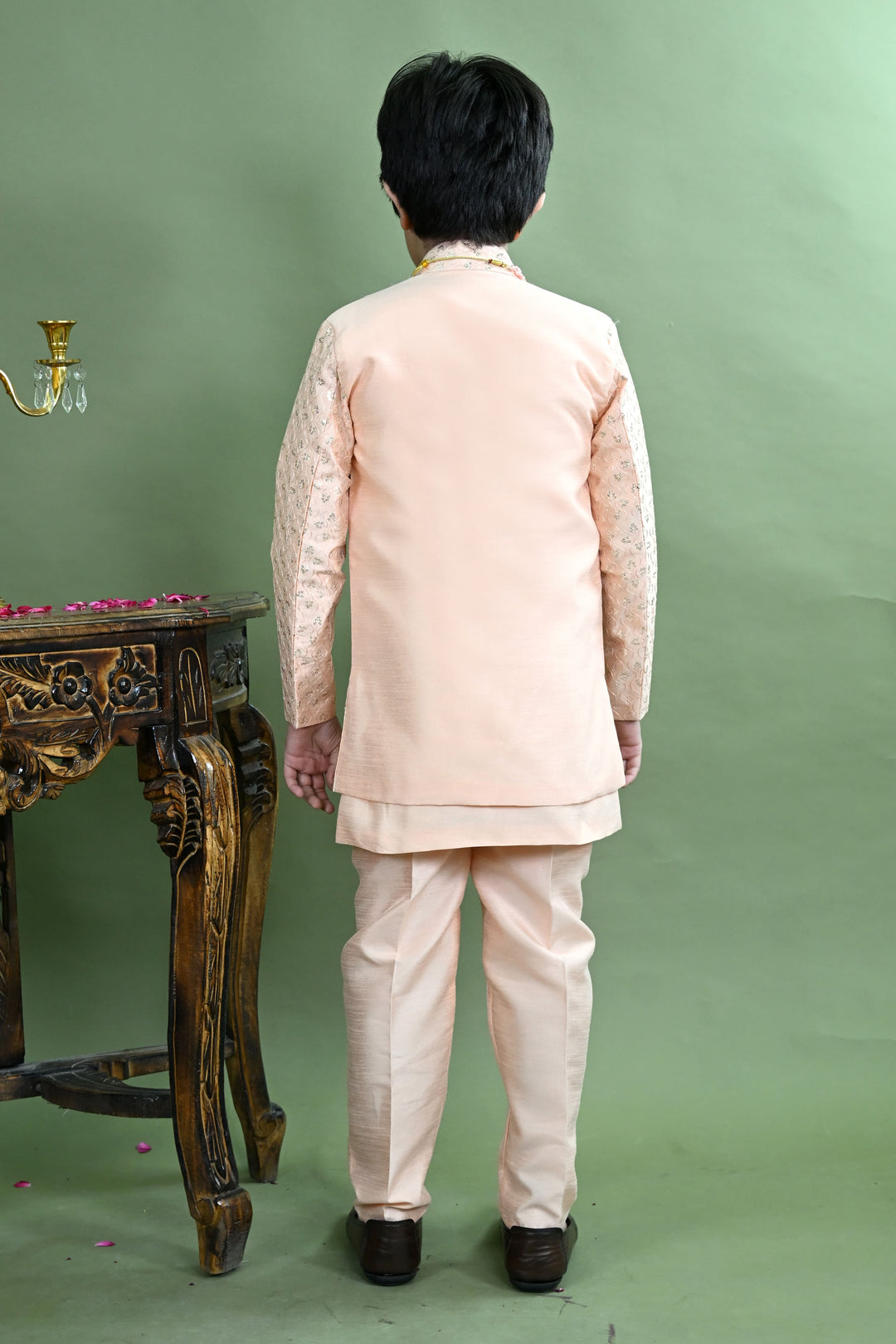 Boys Cotton Silk Ethnic Motifs Sequined Embroidered Sherwani with Pant & Necklace Set - Peach | SHOBITAM