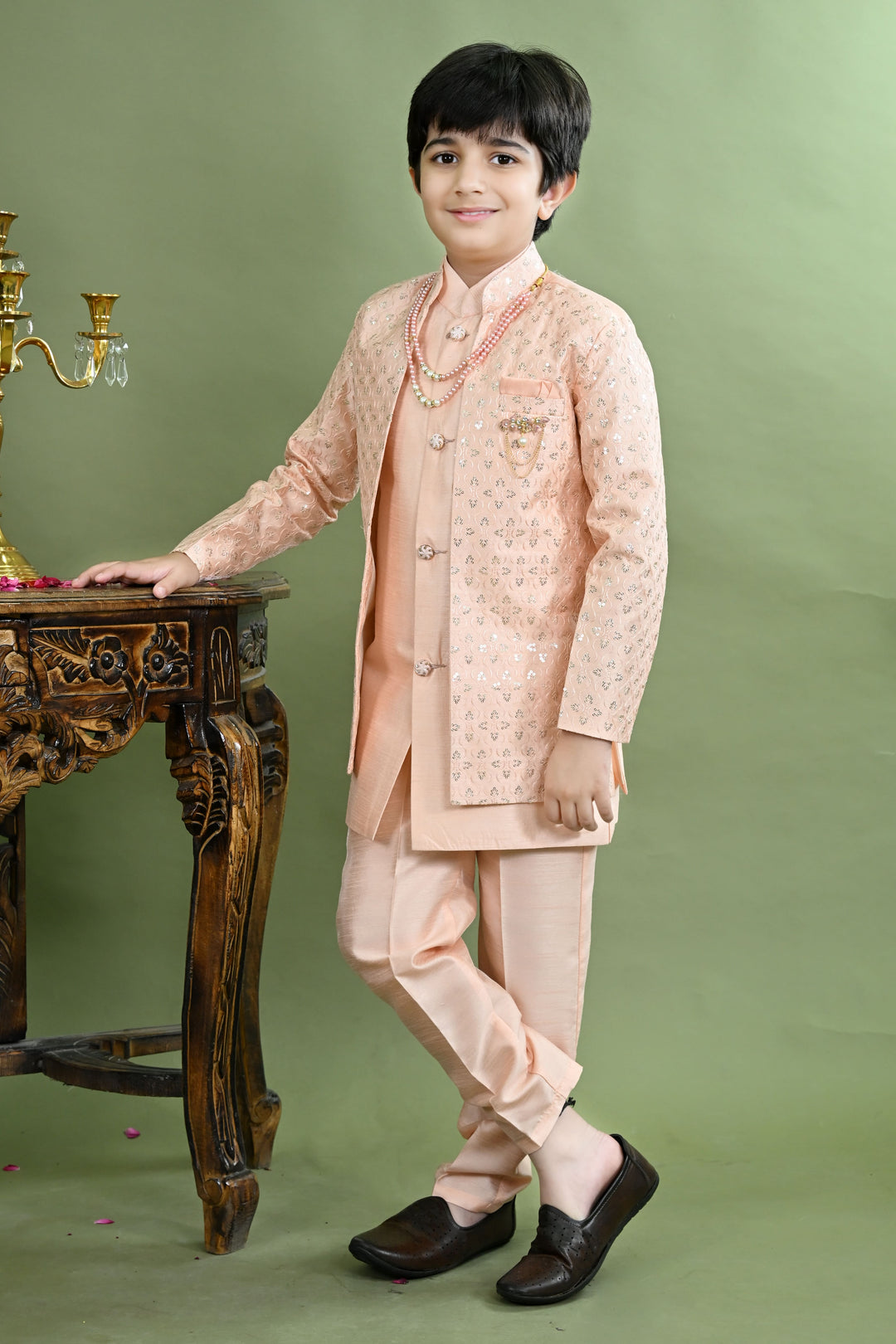 Boys Cotton Silk Ethnic Motifs Sequined Embroidered Sherwani with Pant & Necklace Set - Peach | SHOBITAM