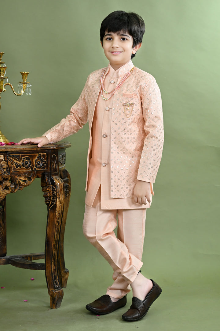 Boys Cotton Silk Ethnic Motifs Sequined Embroidered Sherwani with Pant & Necklace Set - Peach | SHOBITAM