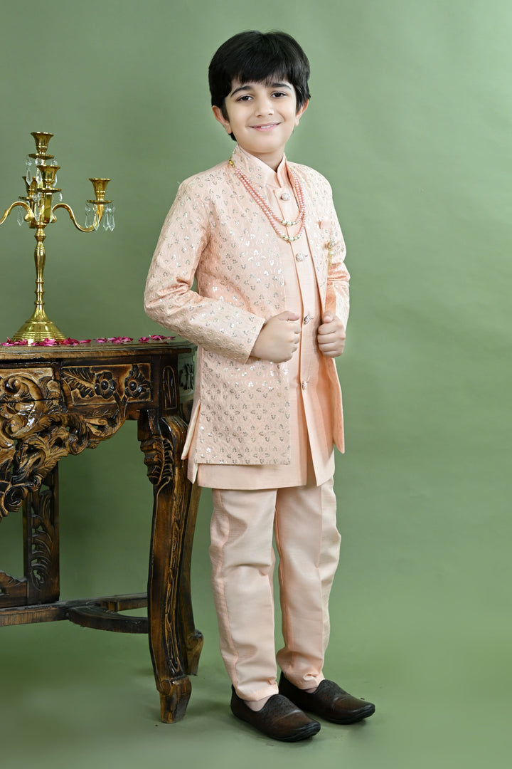 Boys Cotton Silk Ethnic Motifs Sequined Embroidered Sherwani with Pant & Necklace Set - Peach | SHOBITAM