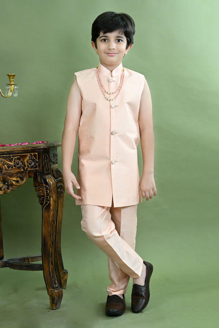 Boys Cotton Silk Ethnic Motifs Sequined Embroidered Sherwani with Pant & Necklace Set - Peach | SHOBITAM