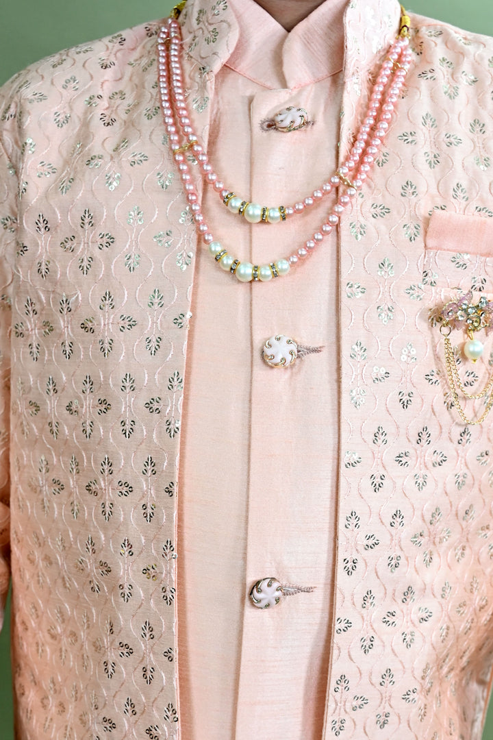 Boys Cotton Silk Ethnic Motifs Sequined Embroidered Sherwani with Pant & Necklace Set - Peach | SHOBITAM