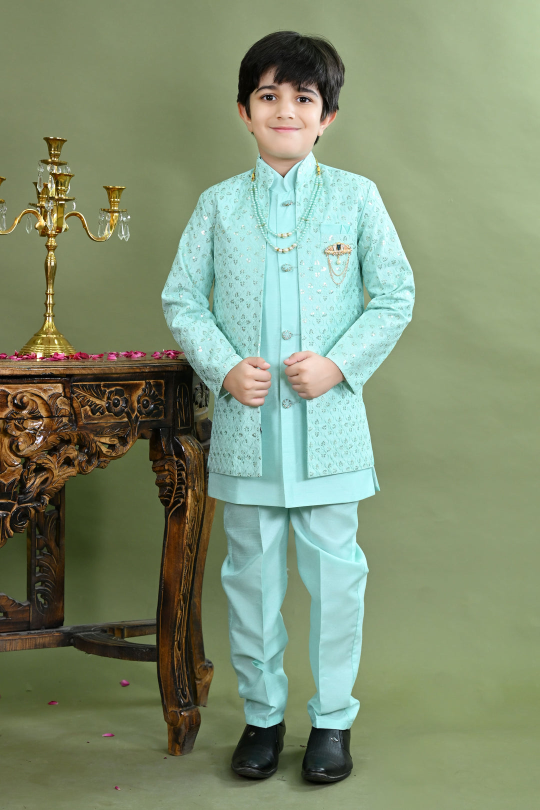 Boys Cotton Silk Ethnic Motifs Sequined Embroidered Sherwani with Pant & Necklace Set - Sea Green