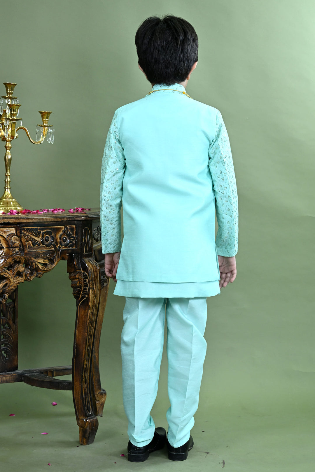 Boys Cotton Silk Ethnic Motifs Sequined Embroidered Sherwani with Pant & Necklace Set - Sea Green