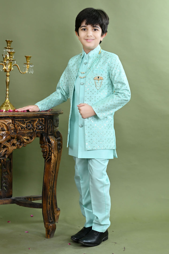 Boys Cotton Silk Ethnic Motifs Sequined Embroidered Sherwani with Pant & Necklace Set - Sea Green