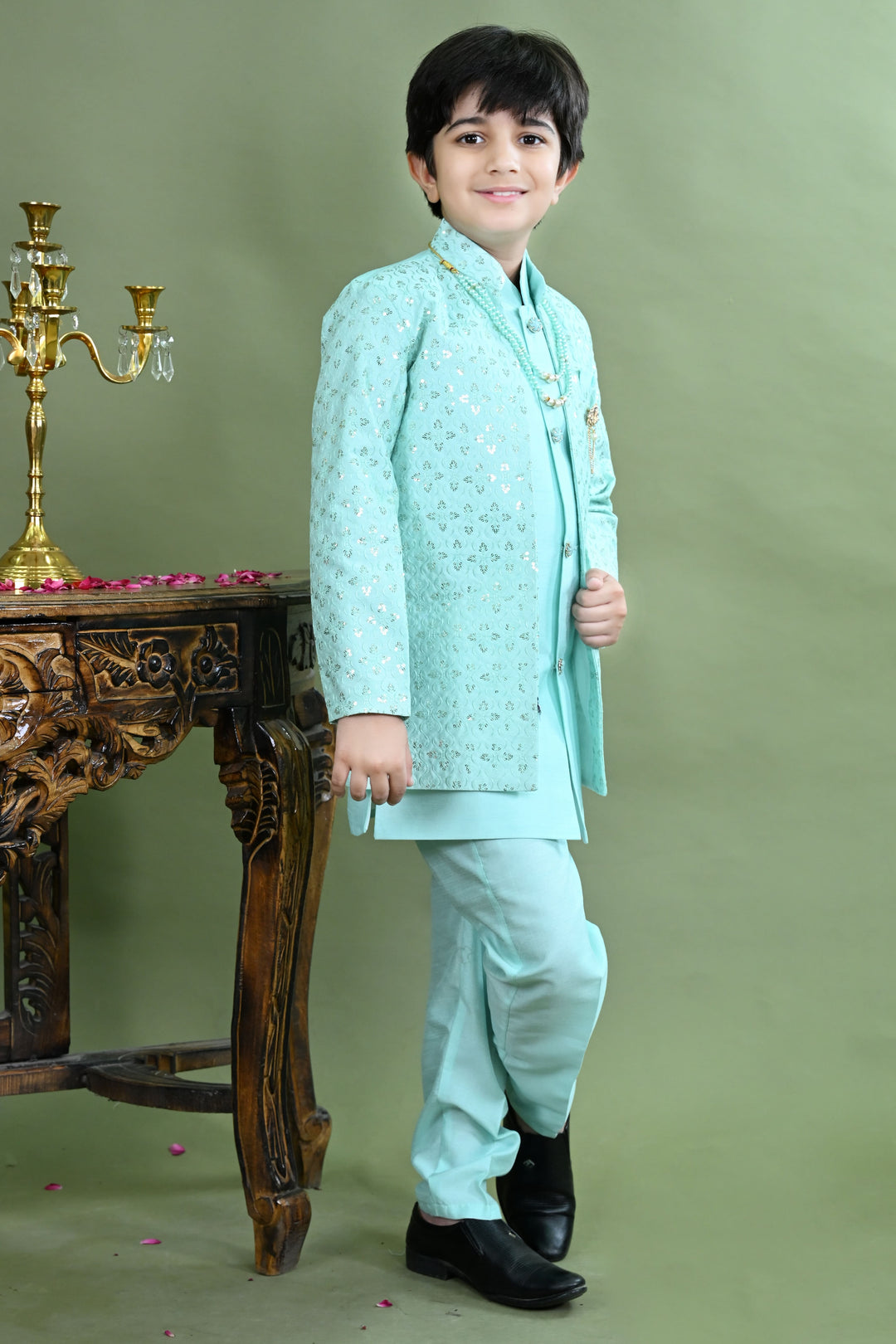 Boys Cotton Silk Ethnic Motifs Sequined Embroidered Sherwani with Pant & Necklace Set - Sea Green