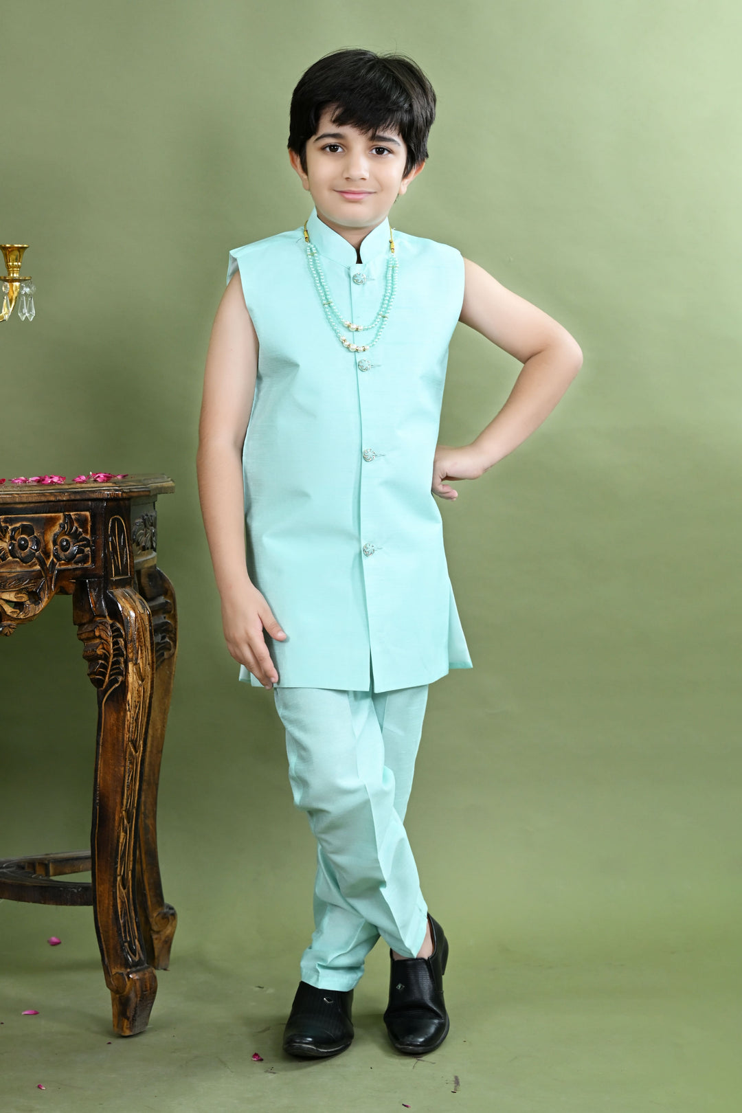 Boys Cotton Silk Ethnic Motifs Sequined Embroidered Sherwani with Pant & Necklace Set - Sea Green