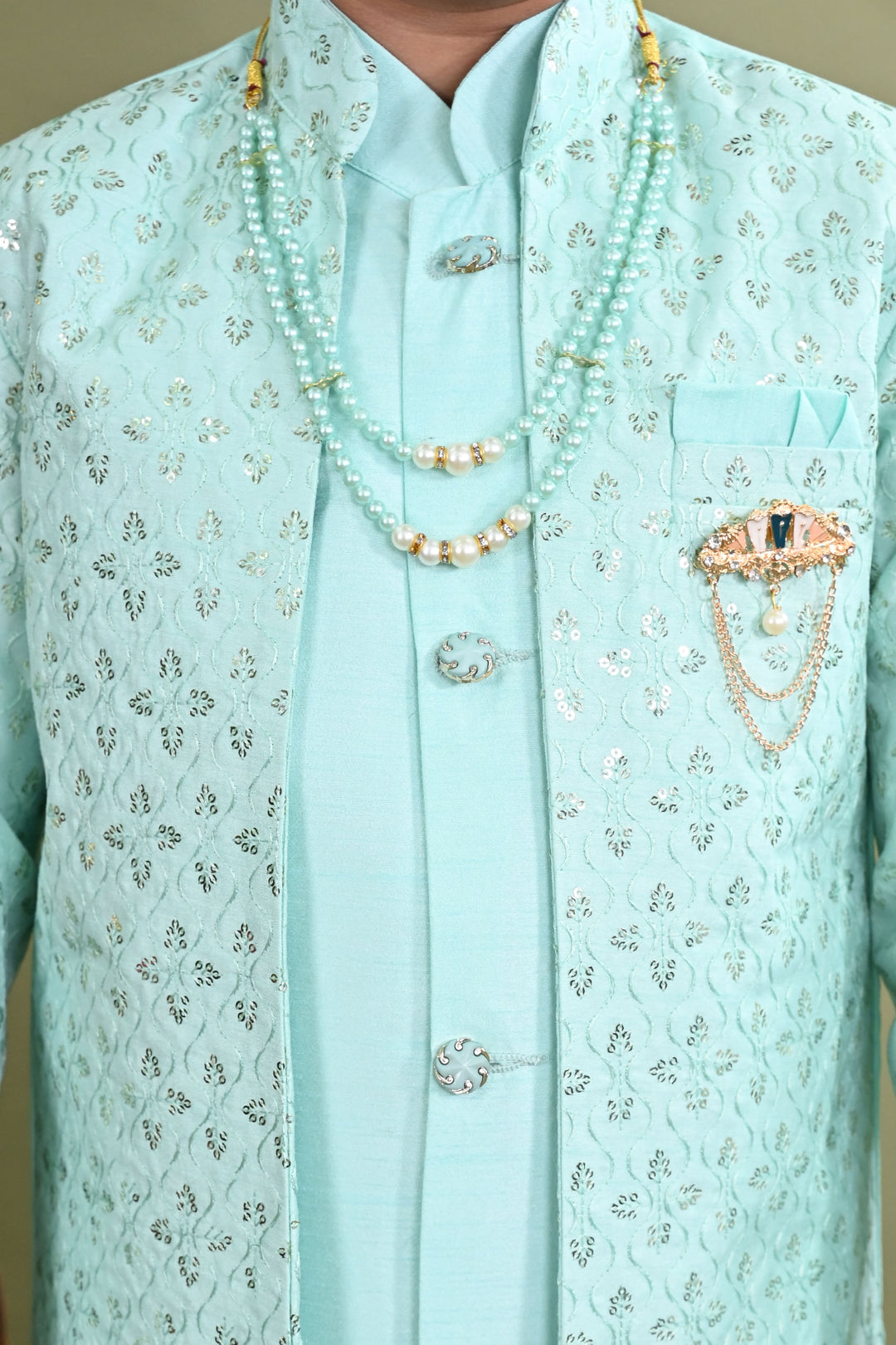 Boys Cotton Silk Ethnic Motifs Sequined Embroidered Sherwani with Pant & Necklace Set - Sea Green