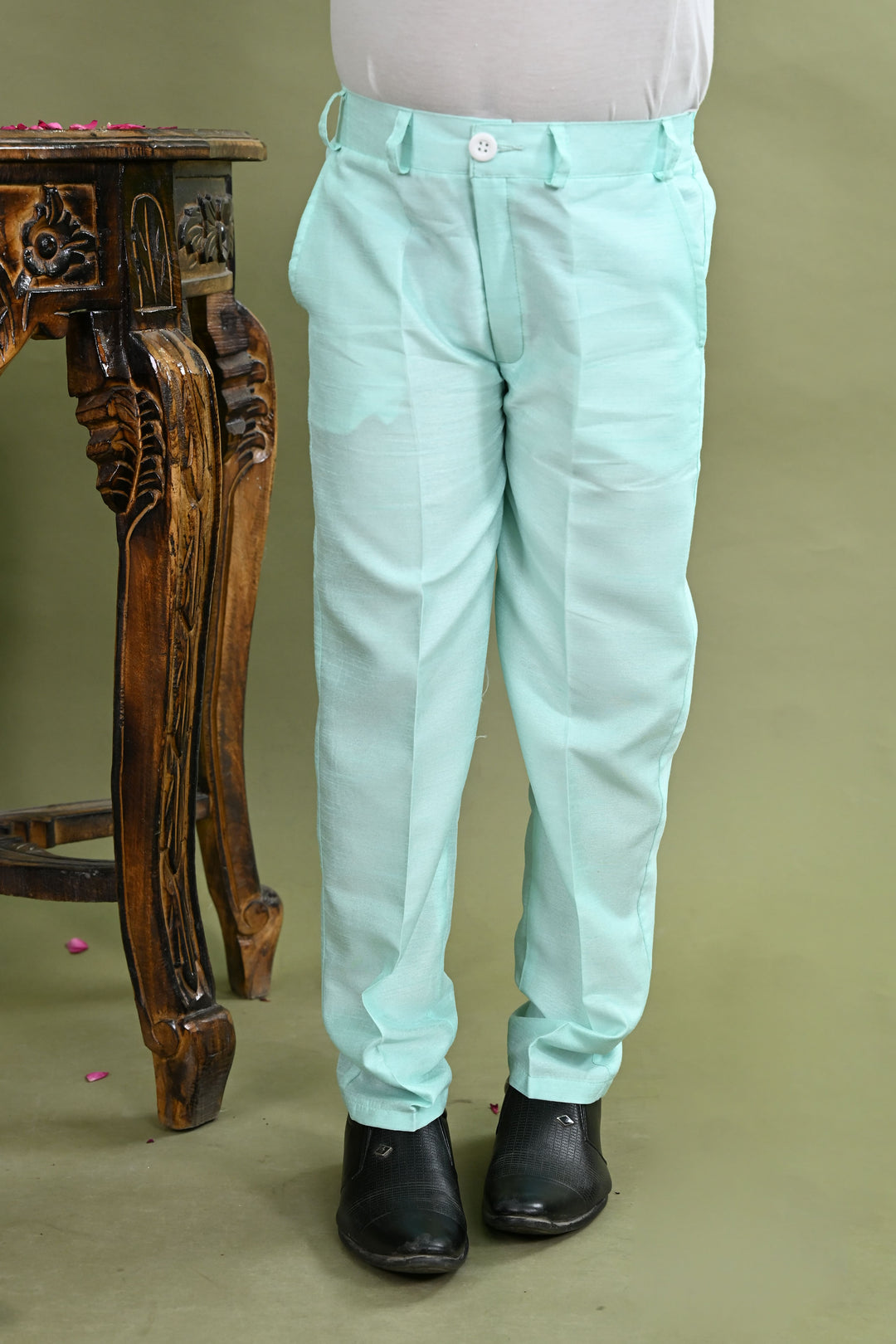 Boys Cotton Silk Ethnic Motifs Sequined Embroidered Sherwani with Pant & Necklace Set - Sea Green
