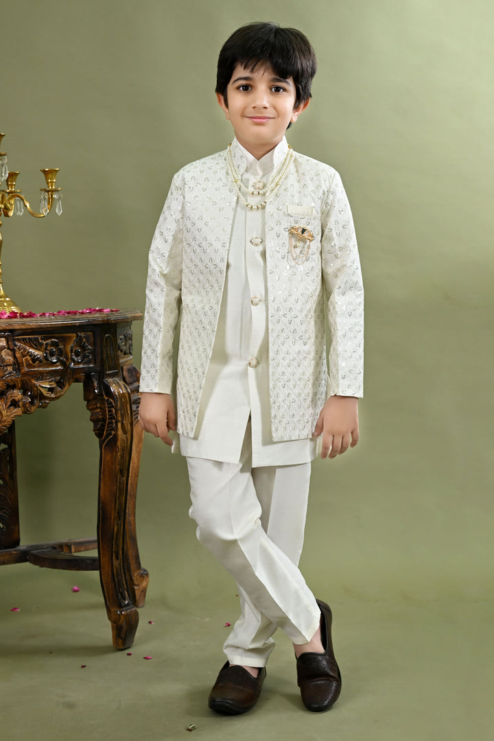 Boys Cotton Silk Ethnic Motifs Sequined Embroidered Sherwani with Pant & Necklace Set - White | SHOBITAM