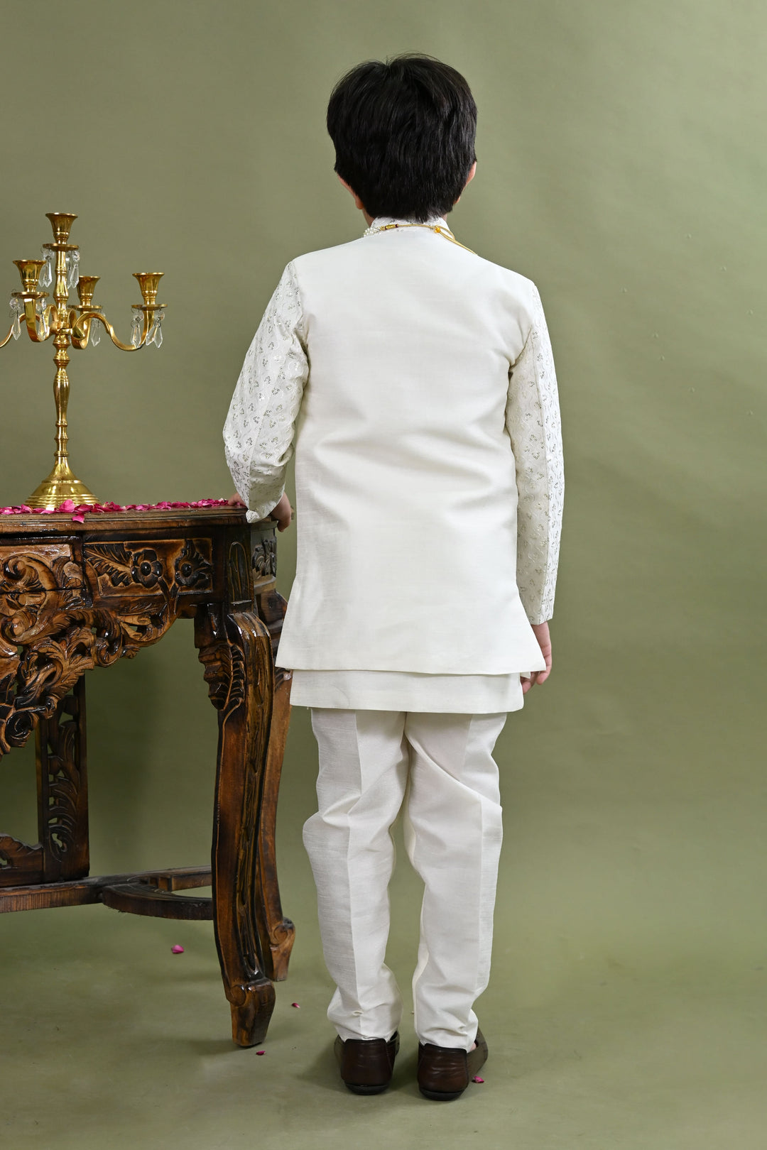 Boys Cotton Silk Ethnic Motifs Sequined Embroidered Sherwani with Pant & Necklace Set - White | SHOBITAM
