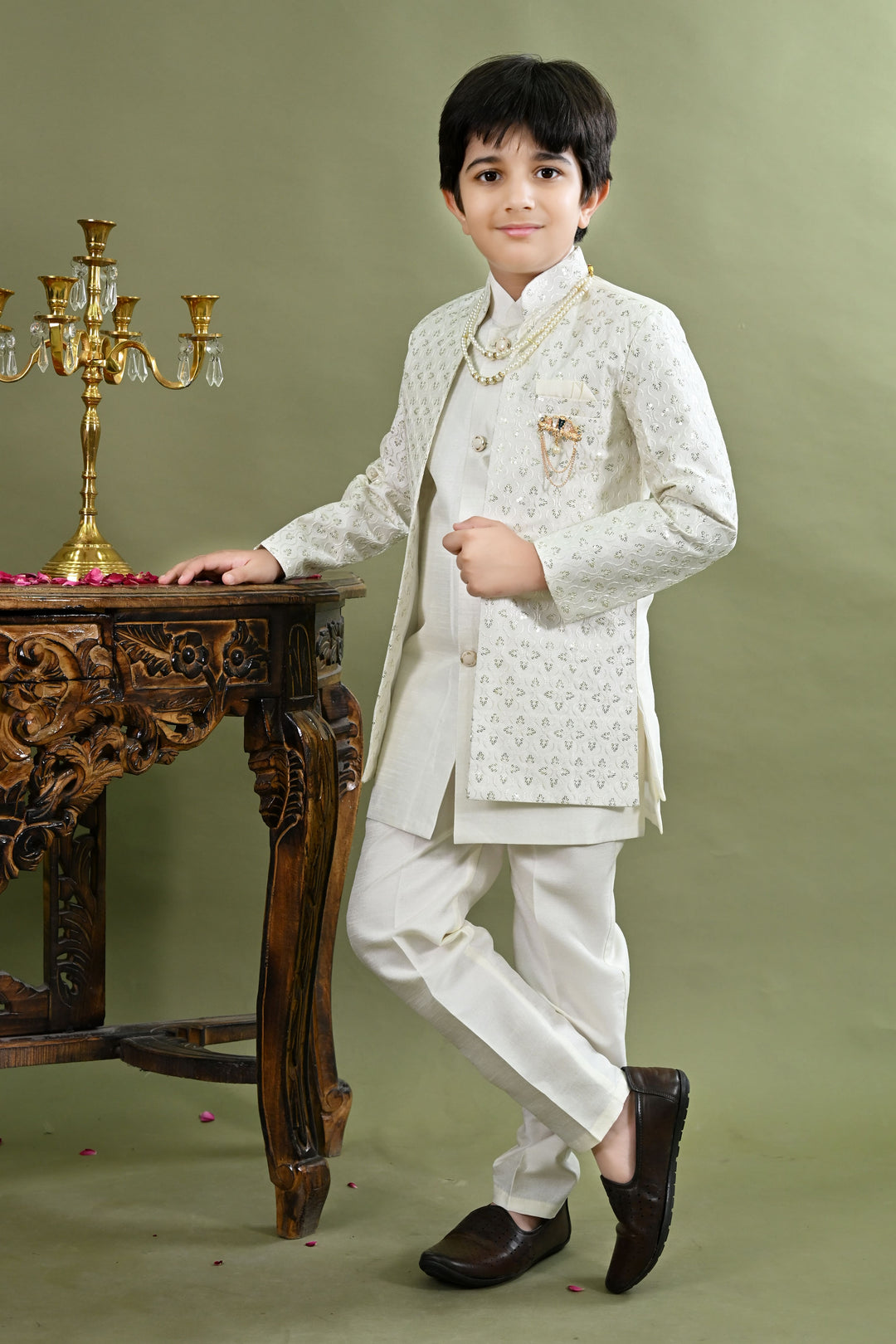 Boys Cotton Silk Ethnic Motifs Sequined Embroidered Sherwani with Pant & Necklace Set - White | SHOBITAM