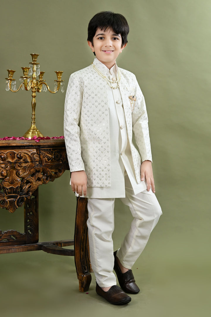 Boys Cotton Silk Ethnic Motifs Sequined Embroidered Sherwani with Pant & Necklace Set - White | SHOBITAM