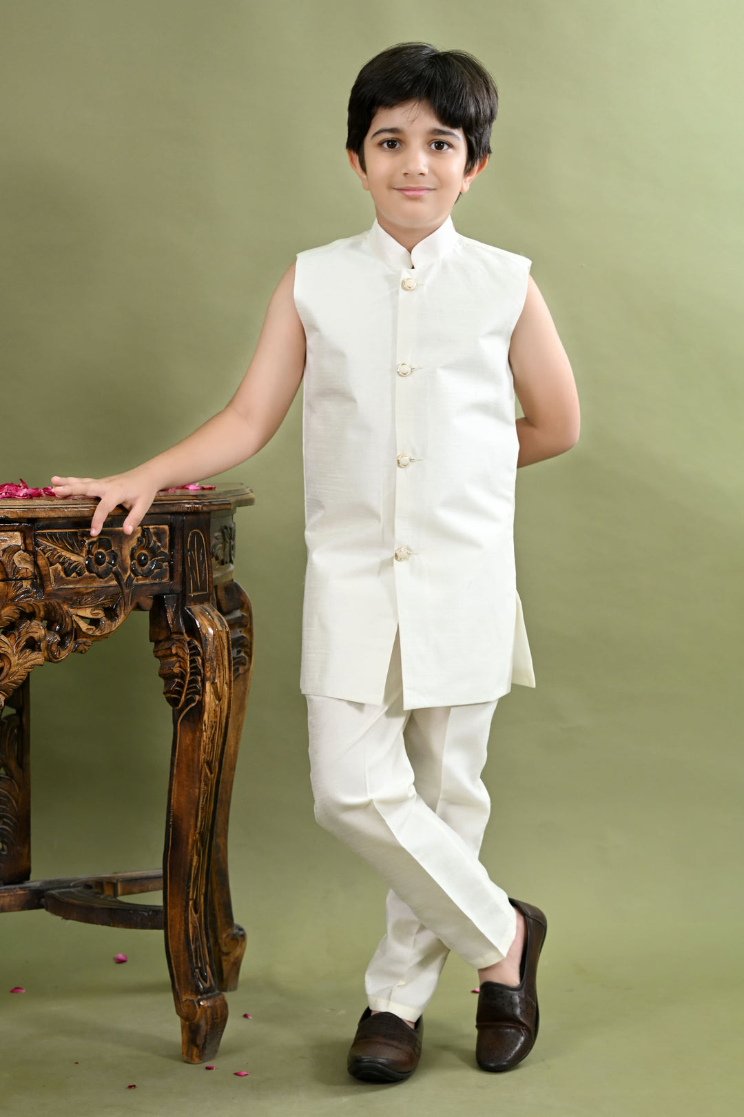 Boys Cotton Silk Ethnic Motifs Sequined Embroidered Sherwani with Pant & Necklace Set - White | SHOBITAM