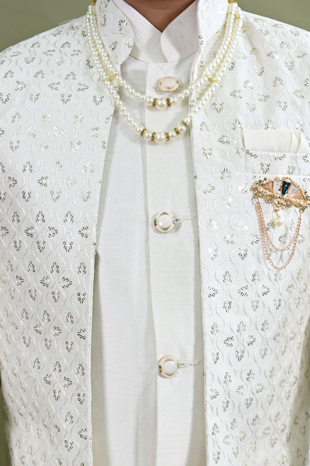 Boys Cotton Silk Ethnic Motifs Sequined Embroidered Sherwani with Pant & Necklace Set - White | SHOBITAM