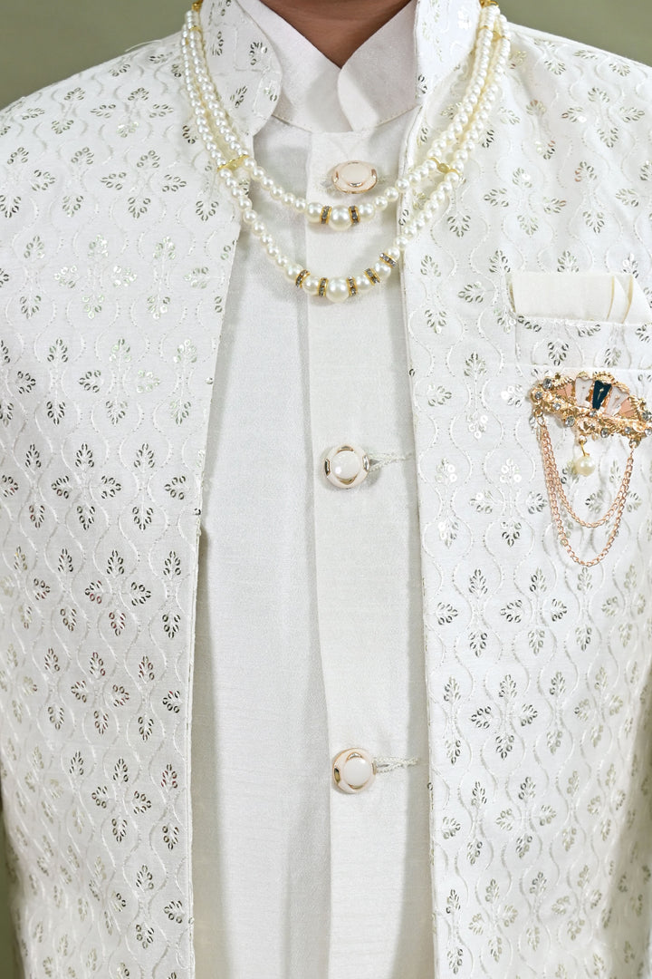 Boys Cotton Silk Ethnic Motifs Sequined Embroidered Sherwani with Pant & Necklace Set - White | SHOBITAM