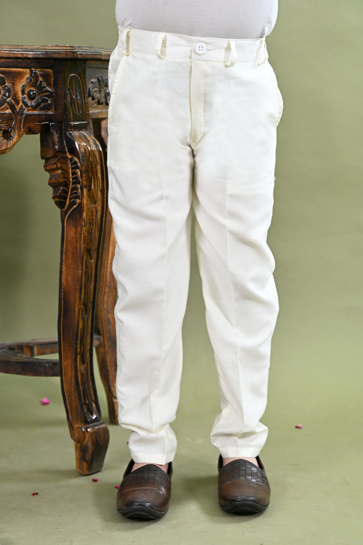 Boys Cotton Silk Ethnic Motifs Sequined Embroidered Sherwani with Pant & Necklace Set - White | SHOBITAM
