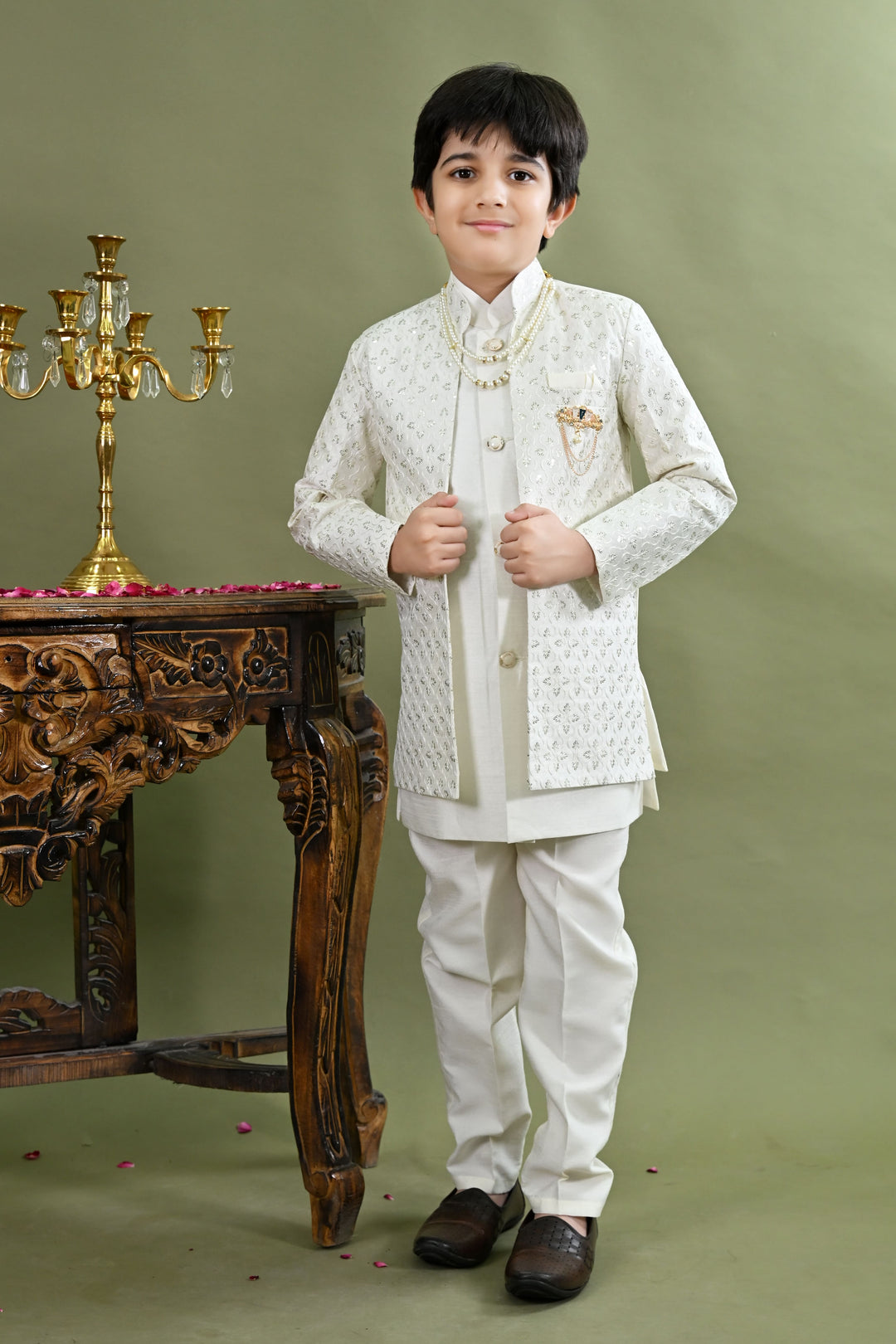 Boys Cotton Silk Ethnic Motifs Sequined Embroidered Sherwani with Pant & Necklace Set - White | SHOBITAM
