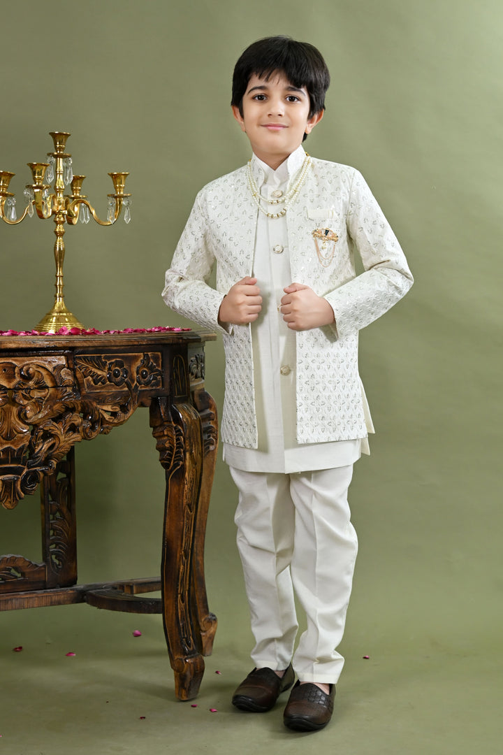 Boys Cotton Silk Ethnic Motifs Sequined Embroidered Sherwani with Pant & Necklace Set - White | SHOBITAM