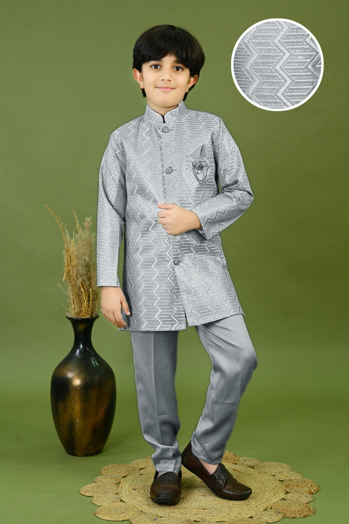 Boys Satin Embroidered Zigzag Sequined Sherwani & Trousers Set - Grey | SHOBITAM