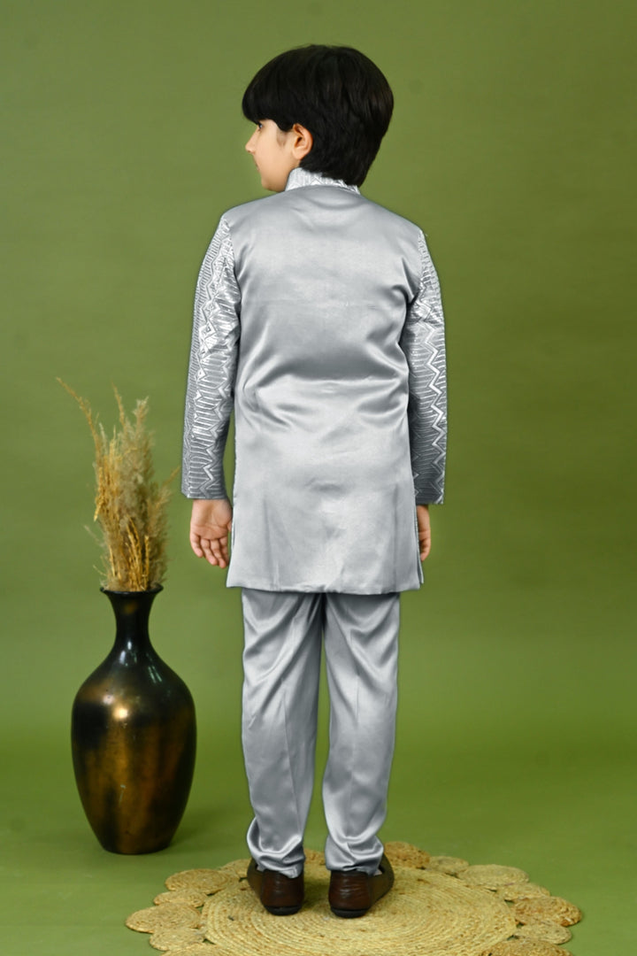 Boys Satin Embroidered Zigzag Sequined Sherwani & Trousers Set - Grey | SHOBITAM