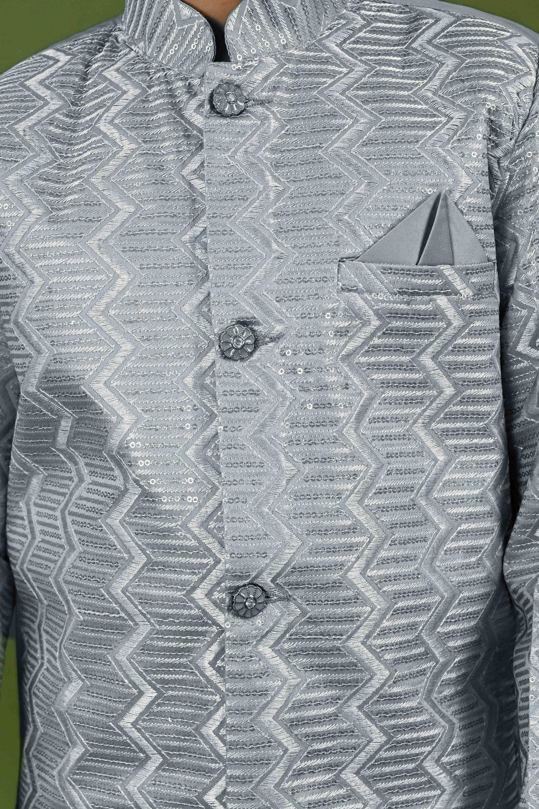 Boys Satin Embroidered Zigzag Sequined Sherwani & Trousers Set - Grey | SHOBITAM