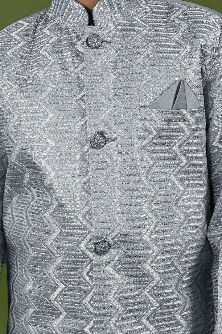 Boys Satin Embroidered Zigzag Sequined Sherwani & Trousers Set - Grey | SHOBITAM