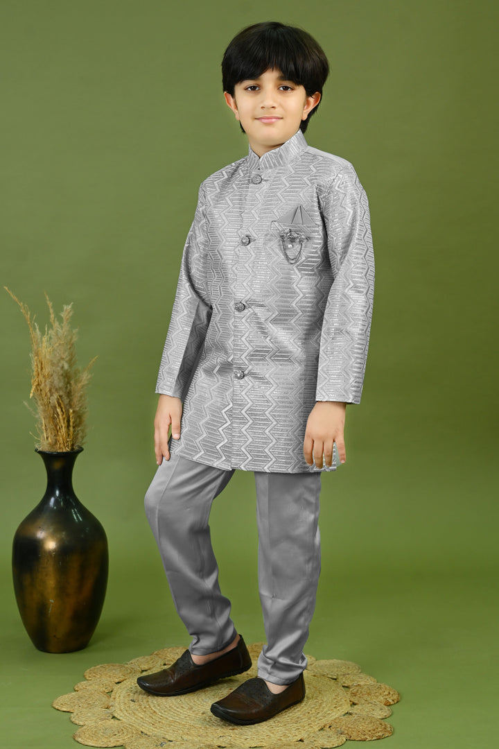 Boys Satin Embroidered Zigzag Sequined Sherwani & Trousers Set - Grey | SHOBITAM