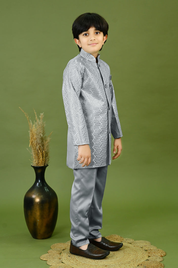 Boys Satin Embroidered Zigzag Sequined Sherwani & Trousers Set - Grey | SHOBITAM
