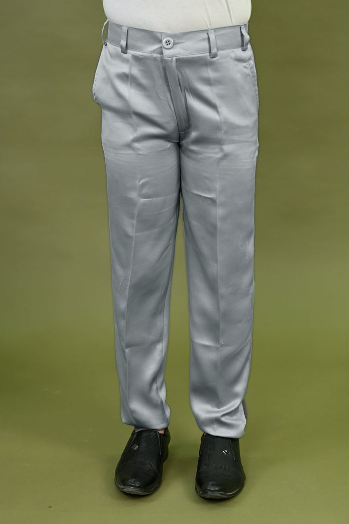 Boys Satin Embroidered Zigzag Sequined Sherwani & Trousers Set - Grey | SHOBITAM