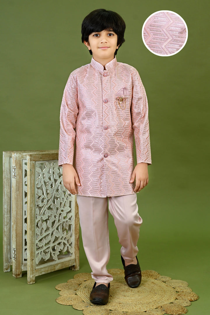 Boys Satin Embroidered Zigzag Sequined Sherwani & Trousers Set - Onion Pink | SHOBITAM