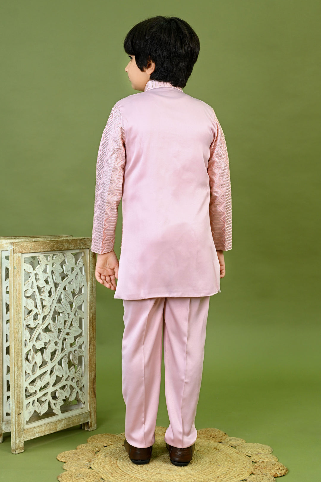 Boys Satin Embroidered Zigzag Sequined Sherwani & Trousers Set - Onion Pink | SHOBITAM