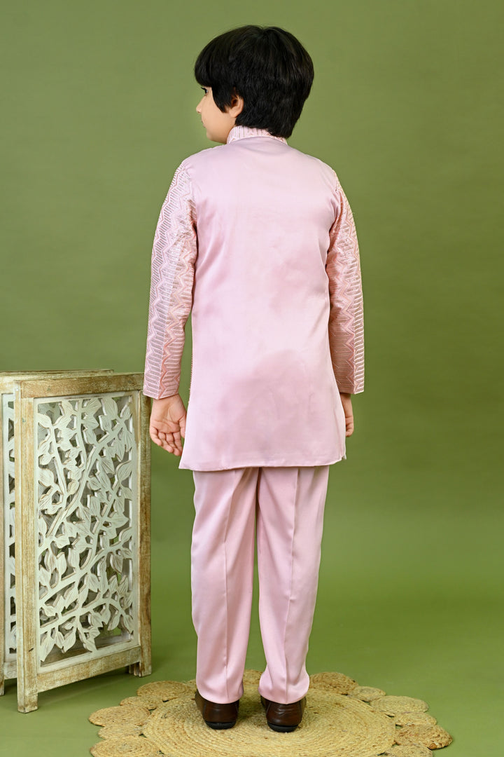 Boys Satin Embroidered Zigzag Sequined Sherwani & Trousers Set - Onion Pink | SHOBITAM