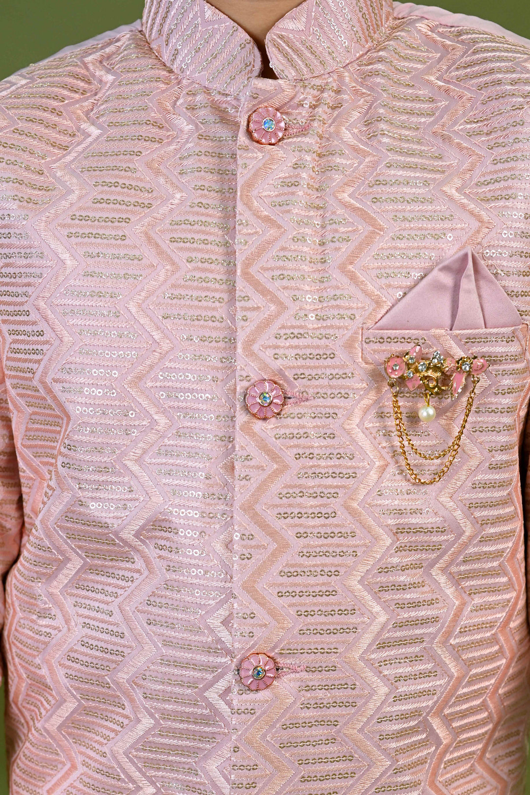 Boys Satin Embroidered Zigzag Sequined Sherwani & Trousers Set - Onion Pink | SHOBITAM