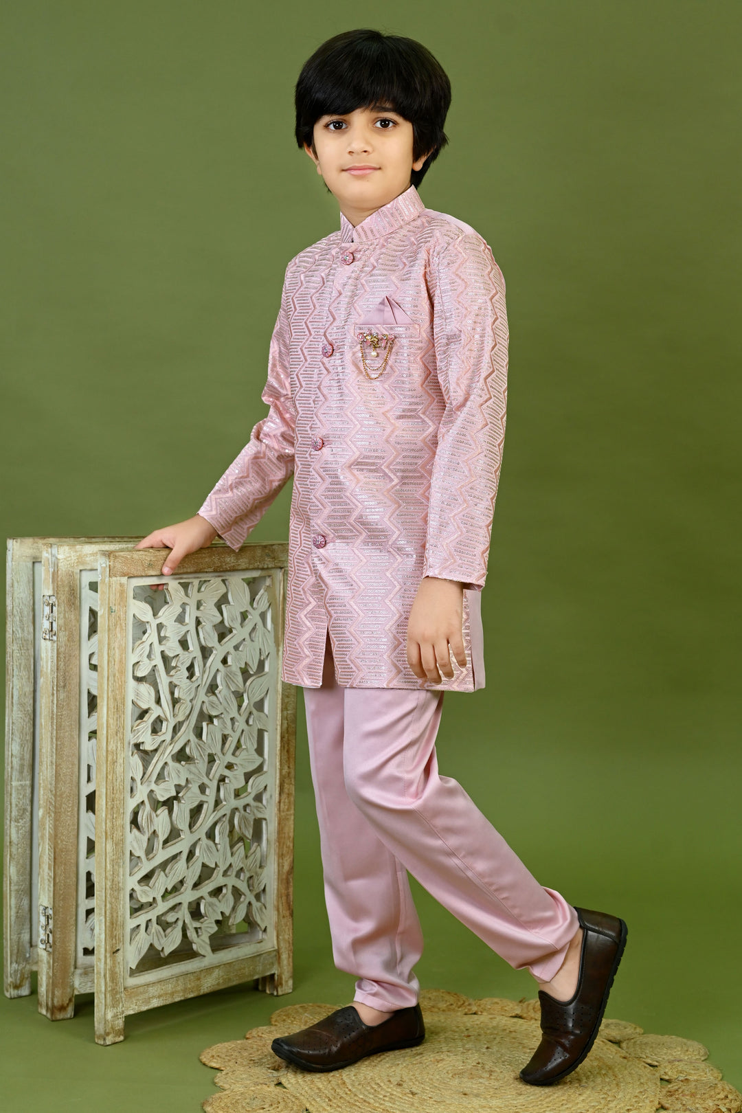 Boys Satin Embroidered Zigzag Sequined Sherwani & Trousers Set - Onion Pink | SHOBITAM