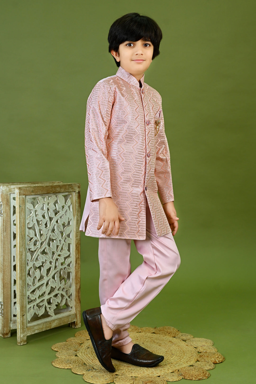 Boys Satin Embroidered Zigzag Sequined Sherwani & Trousers Set - Onion Pink | SHOBITAM