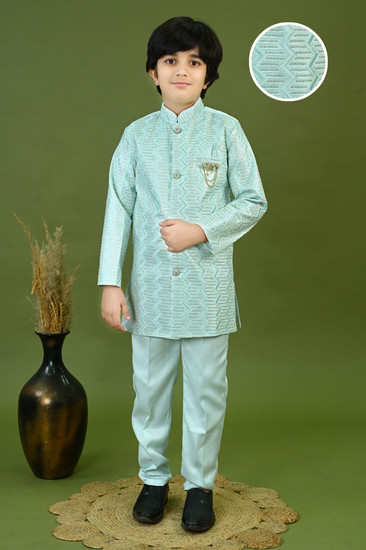Boys Satin Embroidered Zigzag Sequined Sherwani & Trousers Set - Sky Blue | SHOBITAM