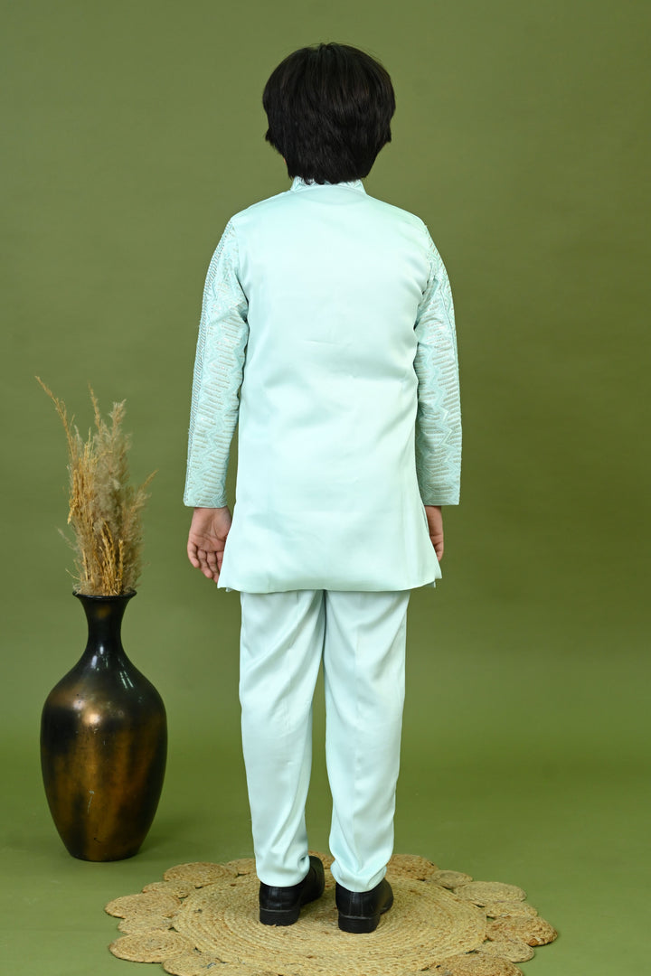 Boys Satin Embroidered Zigzag Sequined Sherwani & Trousers Set - Sky Blue | SHOBITAM