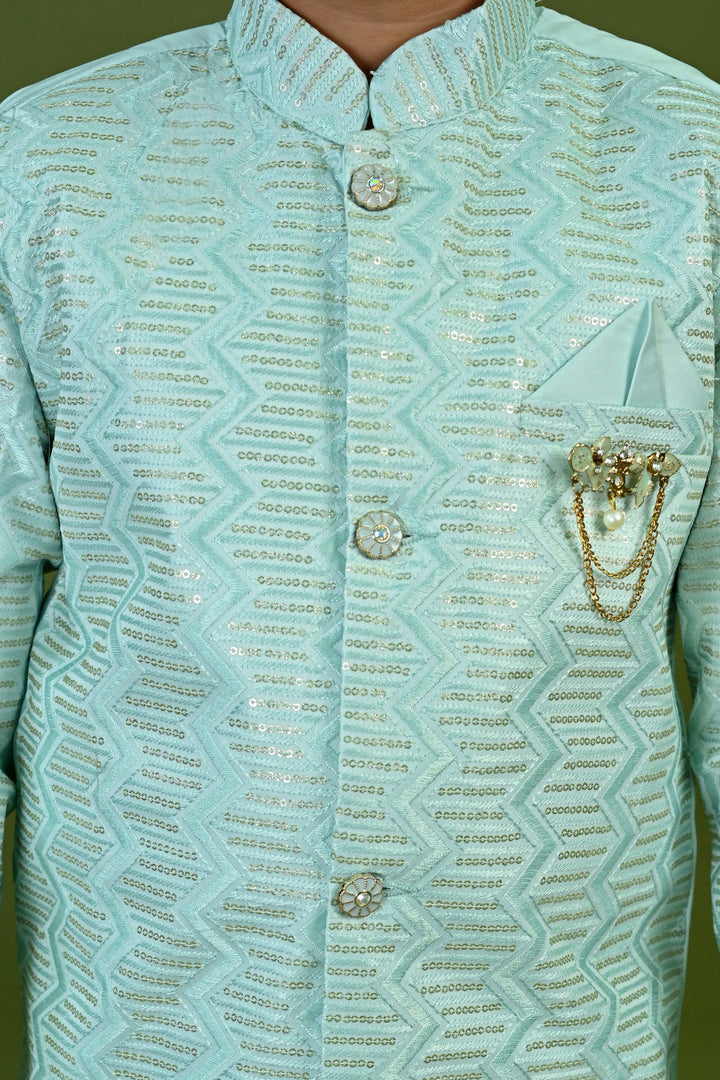 Boys Satin Embroidered Zigzag Sequined Sherwani & Trousers Set - Sky Blue | SHOBITAM
