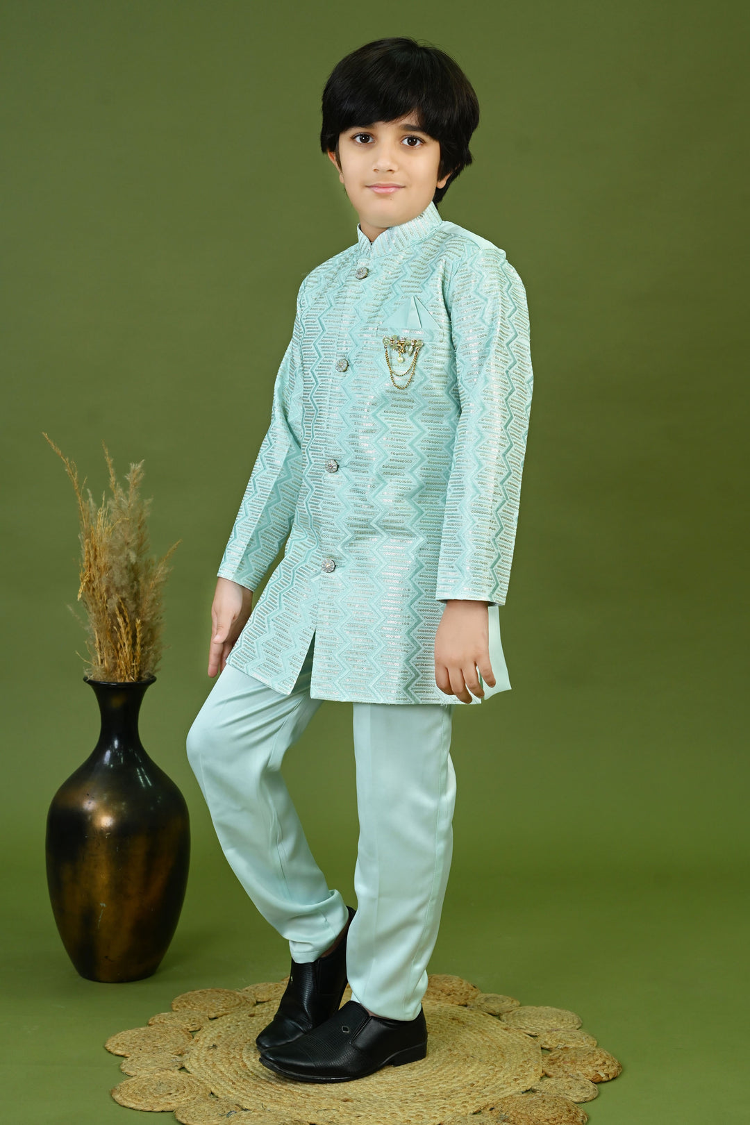 Boys Satin Embroidered Zigzag Sequined Sherwani & Trousers Set - Sky Blue | SHOBITAM