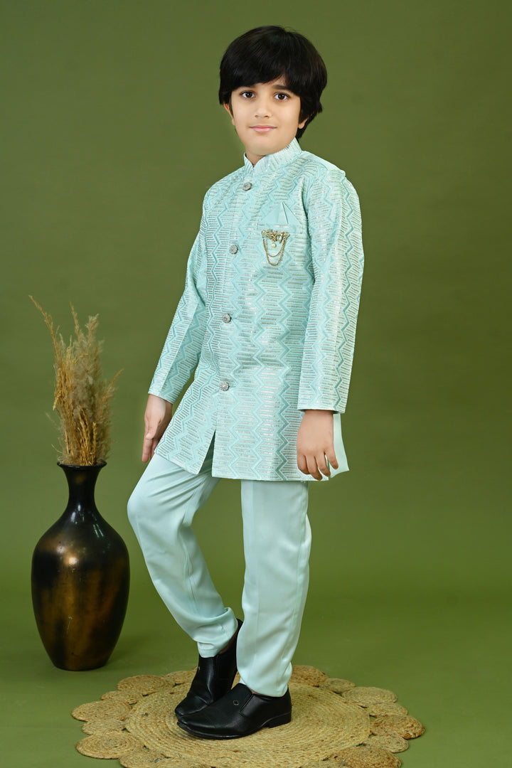 Boys Satin Embroidered Zigzag Sequined Sherwani & Trousers Set - Sky Blue | SHOBITAM